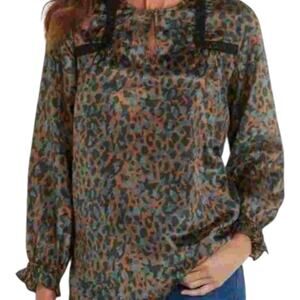 SOFT SURROUNDINGS Women's XS Gianna Satin Blouse Copper Teal Animal Print 40"